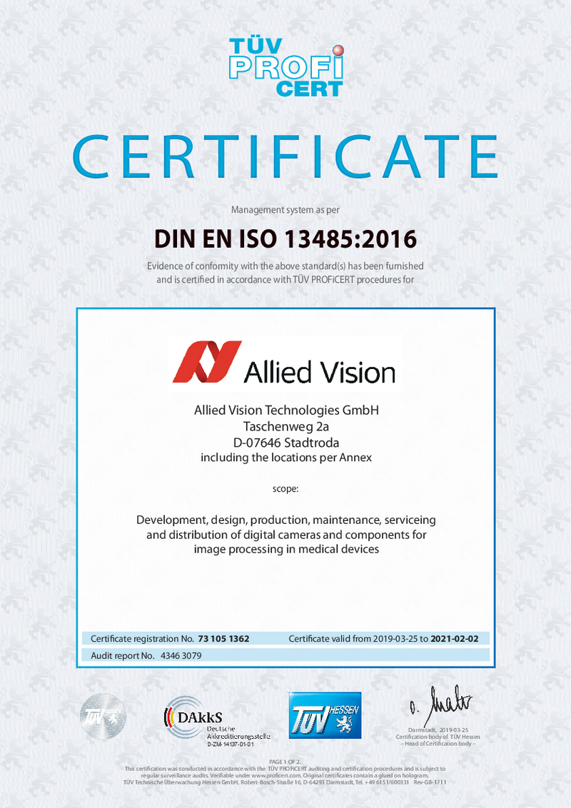 Wir verfügen über eine ISO 13485-Zertifizierung für die Entwicklung und Produktion von Kameras für medizinische Geräte.